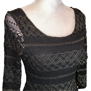 TOPSHOP Black Bodycon Low Cut Back Lace Top with Metallic Gold Print Size 4